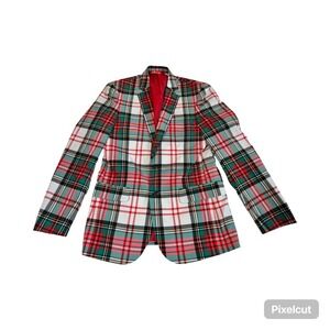 Shinesty Mens Red Green White Plaid Holiday Blazer Sport Coat Size 38 Christmas
